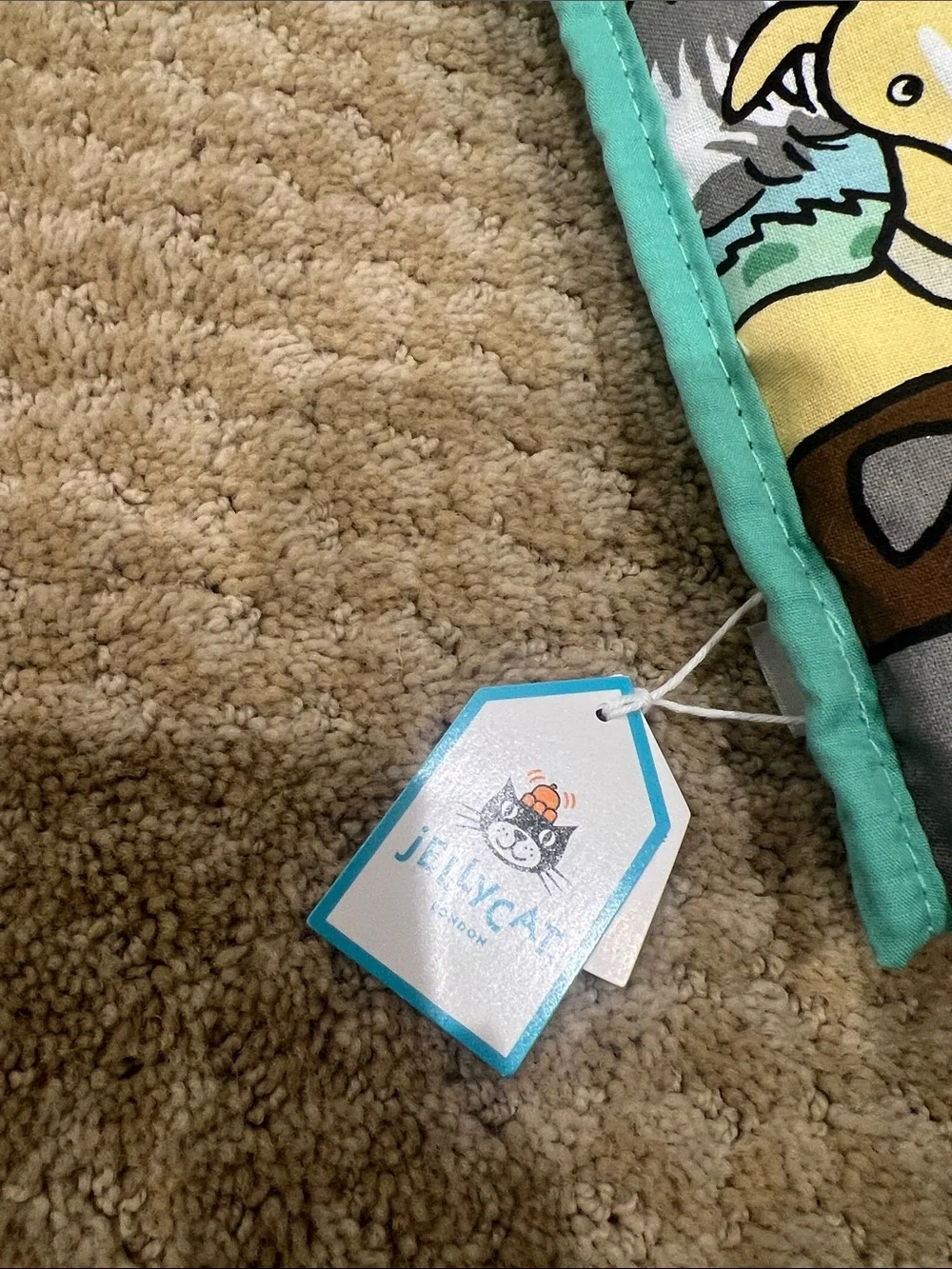 Jellycat Puppy Tails Soft Activity Book - Teal, Yellow, Black, White, Brown